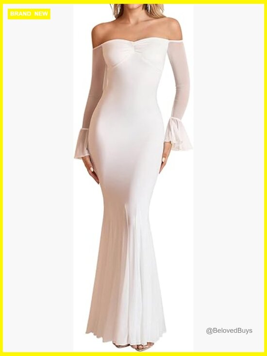 Dresses & Skirts - Off Shoulder Bodycon Maxi Dress Sheer Long Sleeve Mermaid Formal Wedding Guest